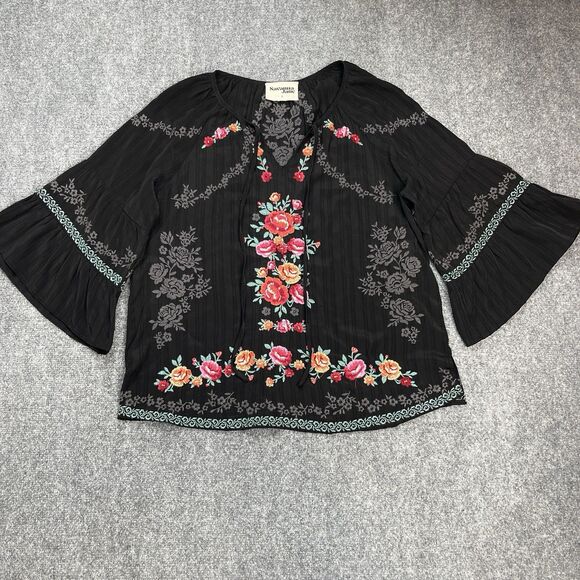 Savanna Jane Top Womens Large Black Embroidered Boho Floral Bell Sleeve - Picture 2 of 10